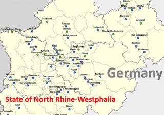 map of North Rhine-Westphalia showing municipalities participating in project